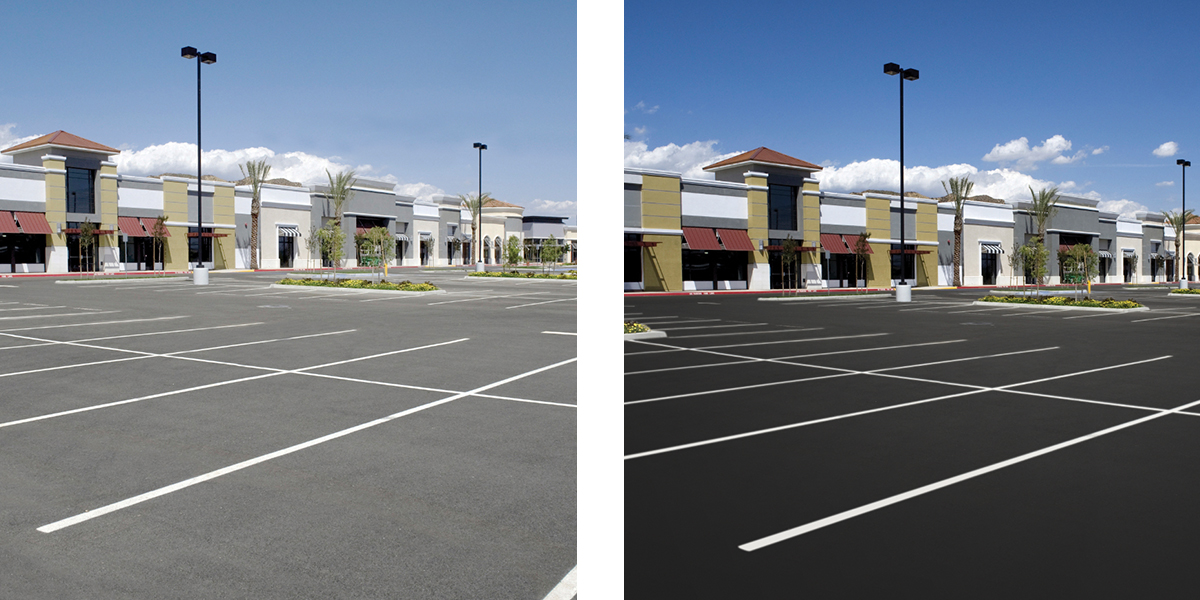 Before and after of an asphalt sealcoated parking lot | SealMaster