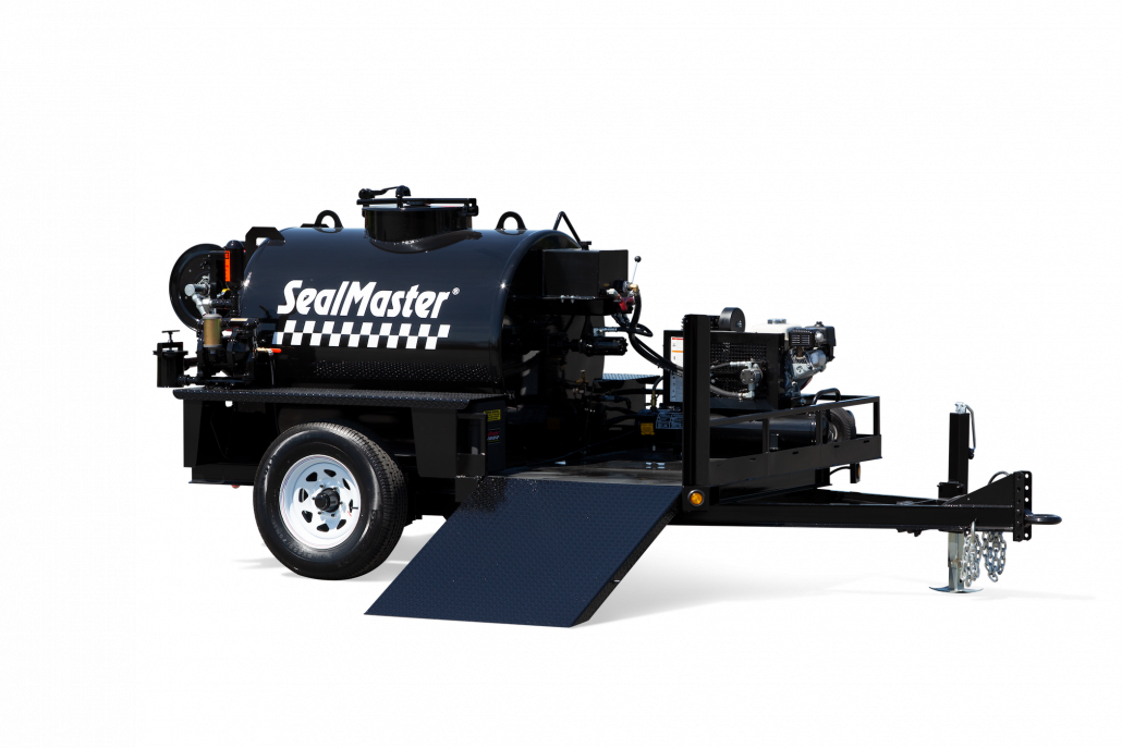 SealMaster Sandpup Trailer and Skid Unit for transporting and applying pavement sealers with sand.