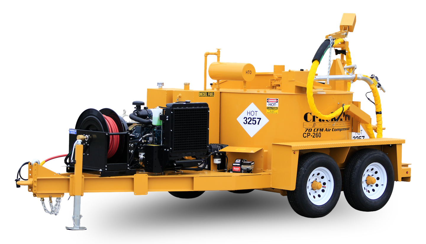 SealMaster CrackPro Oil-Jacketed Heated Hose Melter 125 DA Applicator Aplicador SealMaster CrackPro con fundidor de manguera calefactado con camisa de aceite, modelo 125 DA; equipo para el relleno de grietas en asfalto
