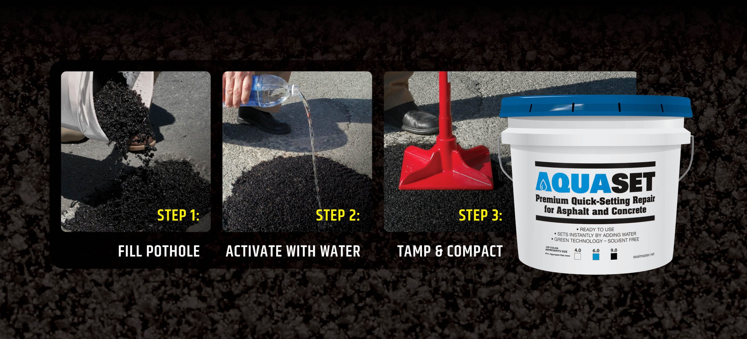 Proceso de reparación de baches SealMaster Aquaset en tres pasos, en el que se muestra cómo el material de parcheo en frío rellena un bache, el agua activa el material de reparación asfáltico y un apisonador manual compacta el parche.