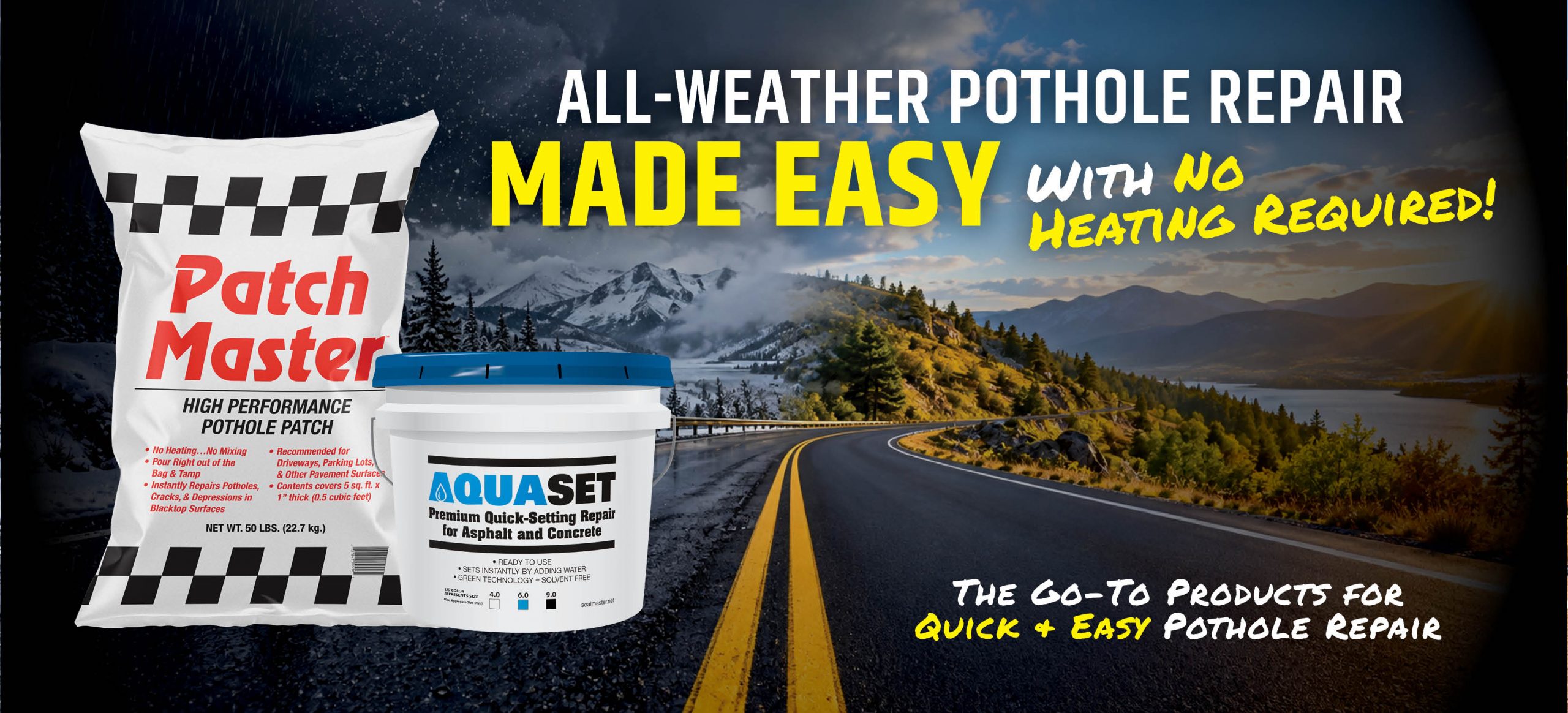 Los productos de reparación de baches «PatchMaster» de SealMaster, tanto el parche en frío como el «Aquaset» activado por agua, se muestran en una carretera con condiciones meteorológicas de nieve, lluvia y sol, lo que pone de relieve la reparación del asfalto en cualquier condición meteorológica sin necesidad de calentamiento.