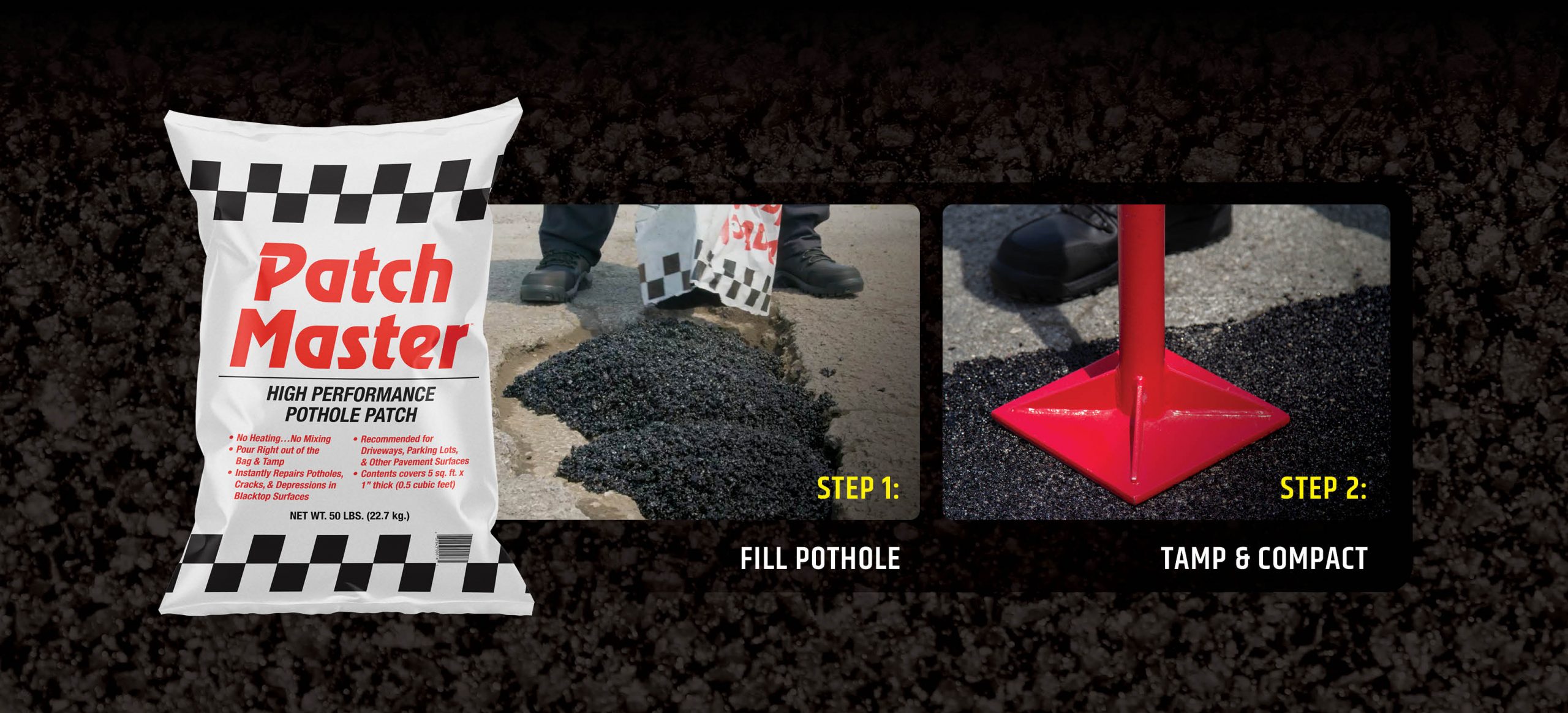 Proceso de reparación de baches en asfalto SealMaster PatchMaster en dos pasos, en el que se vierte el material de parcheo en frío directamente de la bolsa en el bache y, a continuación, se apisona y se compacta con un apisonador manual.
