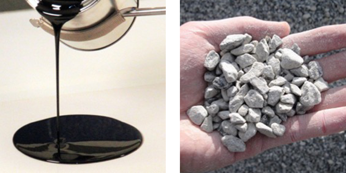 heated liquid asphalt pictured next to crushed rock