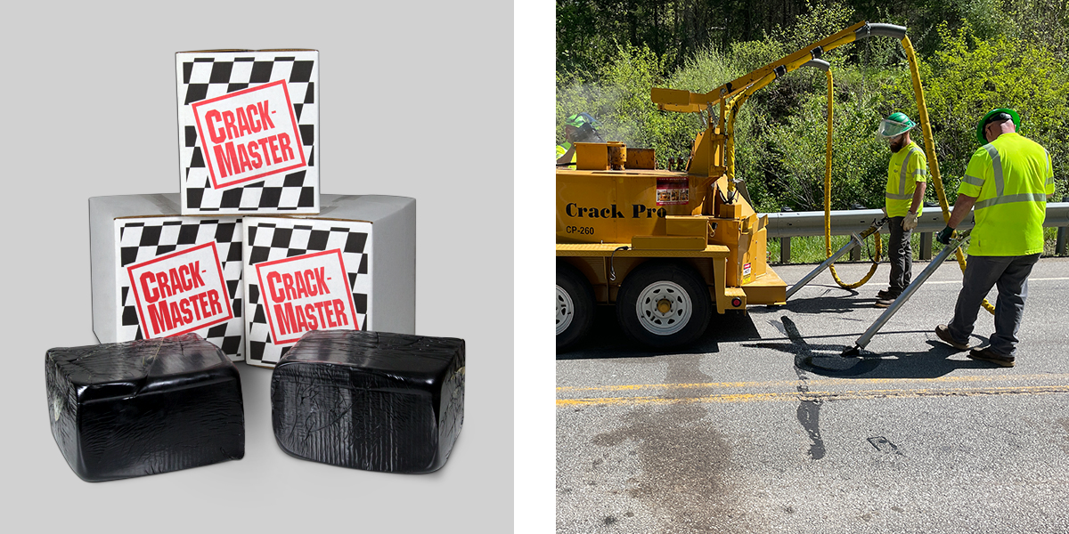 CrackMaster pictured next to an application of hot-pour crack filler.