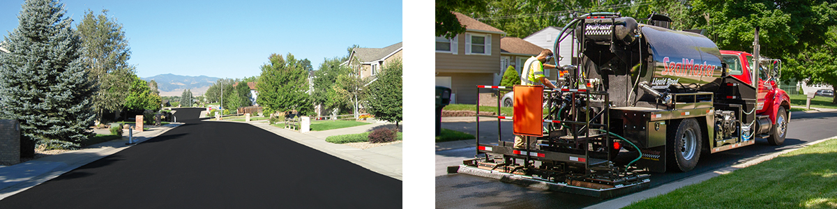 Liquid Road asphalt based pavement coating application pictured next to a Liquid Road distributor and applicator truck.