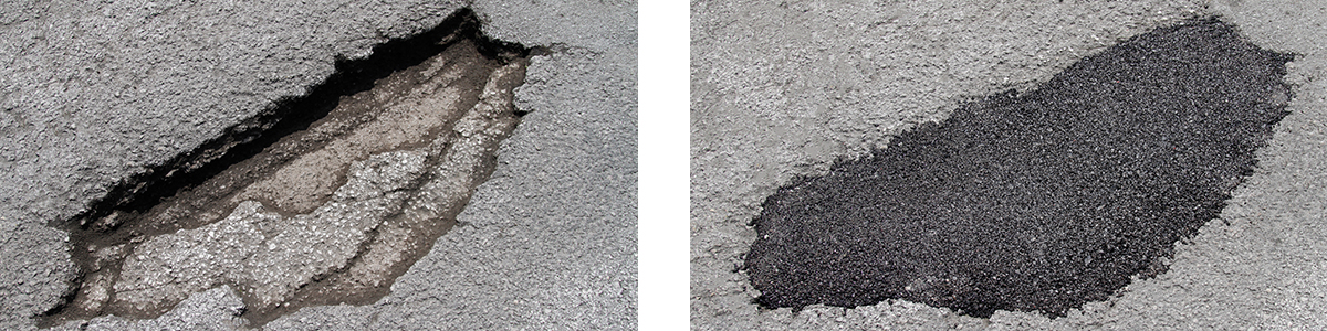 Bache sin rellenar frente a bache rellenado. Bache rellenado antes y después de utilizar el producto «SealMaster Patch Master Pothole Patch». Reparación de baches.
