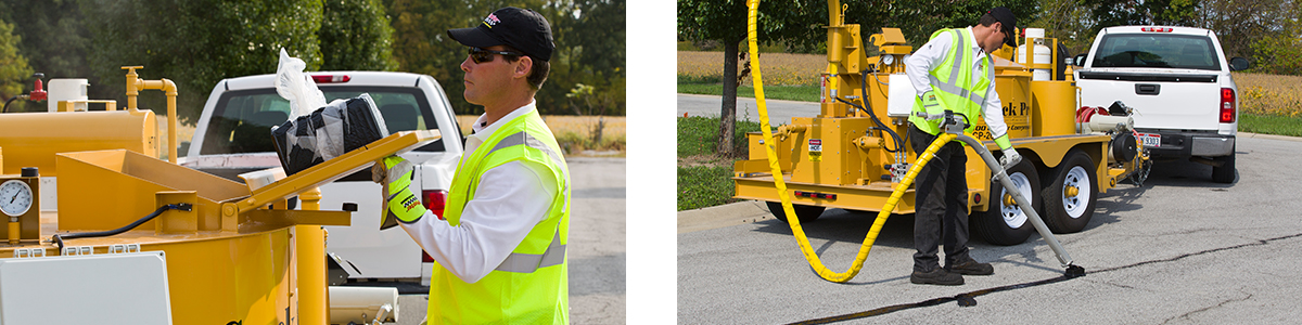 El sellador de grietas por vertido en caliente SealMaster CrackMaster se introduce en una máquina de manguera calefactada CrackPro para aplicar el sellador de grietas en una calle o carretera.