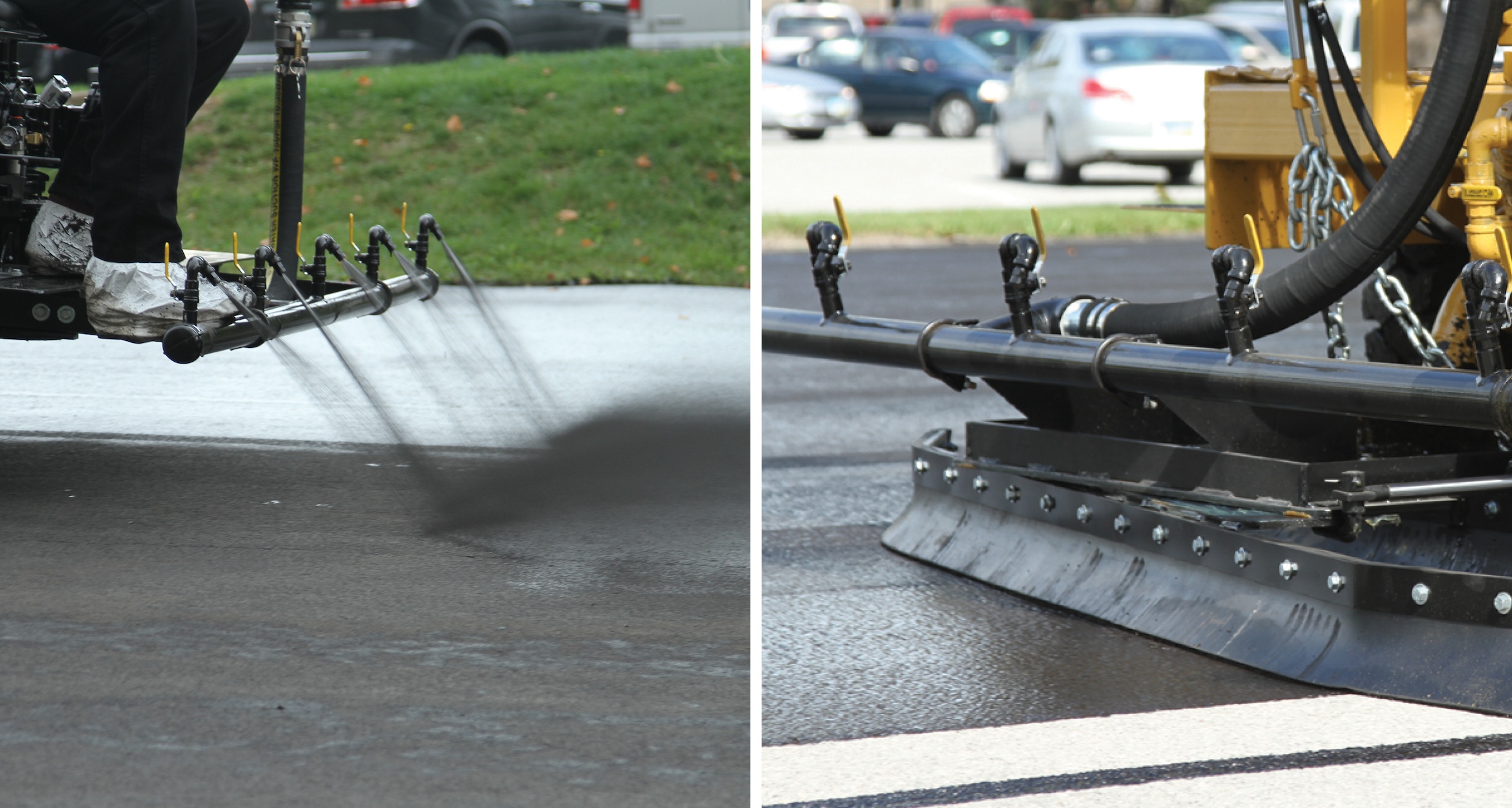 Spray versus squeegee application of asphalt-based pavement sealer.
