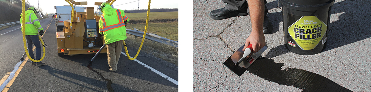 Graphic showing both a hot-pour crack filling application and a cold-pour crack filling application